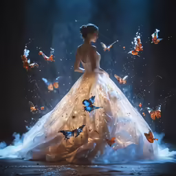 there is a woman in a white dress surrounded by butterflies