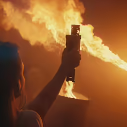 a woman holding up her camera taking a photo with a large fire and smoke behind her