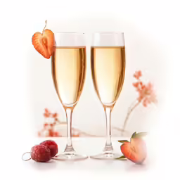 champagne glasses filled with white wine and raspberries next to peaches
