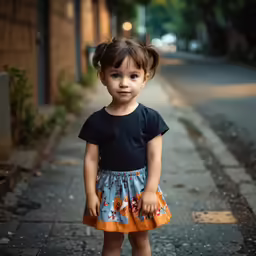 a little girl is dressed up in a black shirt and a blue flowery dress