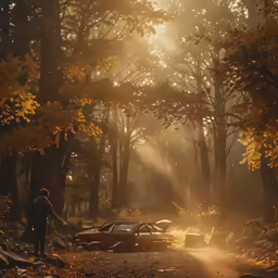 cars are parked on the road with trees and leaves around