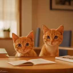 two cats staring at the camera on the table