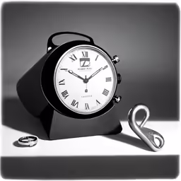 a black and white photo of a clock next to a pair of scissors
