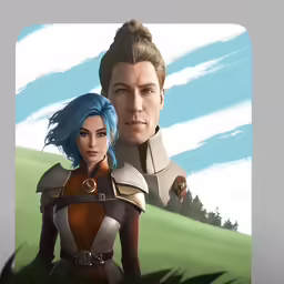 a couple of people in an animated avatar on top of a grassy area