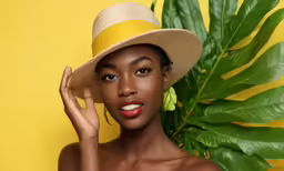 a woman posing with leaves and a hat