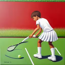 this painting depicts a young boy hitting a tennis ball,a painting of a young girl playing tennis on a green field