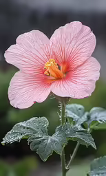 a closeup of a pink flower with green leaves
