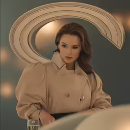 a woman in a beige trench jacket leaning on a table
