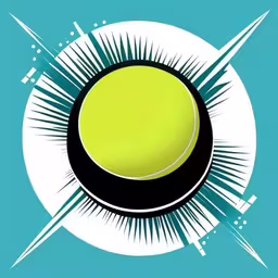 a tennis ball with a tennis racket on it,this is a tennis ball with some lightning streaks around it,the bright green tennis ball sits upon a black and white background,a tennis ball is seen with a burst of sun above it,a stylized tennis ball with several bright lines