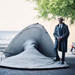 a man is standing near a sculpture by the water