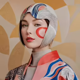 a woman with colorful shapes painted on her face and dress