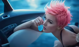there is a girl that has pink hair and is wearing a bikini