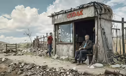 two men stand at a doorway that leads to a small store