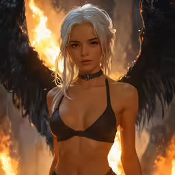 a beautiful woman in a bikini and black wings