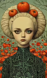 a painting with an image of a girl holding red apples