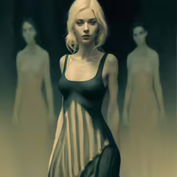 a young lady in a dress walking by her other female