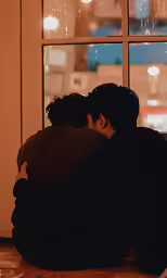 two people sitting in front of a window looking out at city