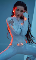 a woman in white suit with light up skin and arms