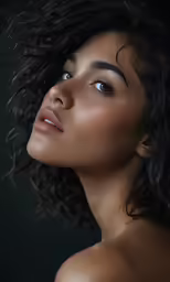 a woman with curly hair looks up at the sky