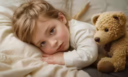 young boy lying on bed next to teddy bear