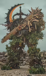 the sculptures have plants growing up the sides