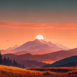 the sun sets over the mountain range with trees and bushes,the sun rising over a mountain range in a field
