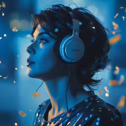a woman with headphones in the foreground and falling glitters on the background