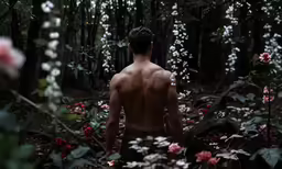 a shirtless man walks in the forest