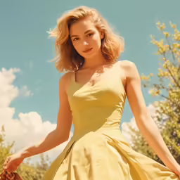 a woman in a yellow dress, in the shade