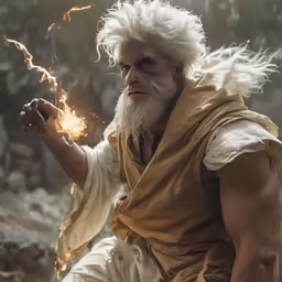 an avatar of an old man holding fire