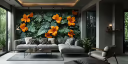 a living room filled with a large floral wall