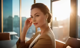 a young lady sitting at the window in an office looking away
