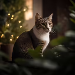 a cat sitting in the foreground by the christmas tree