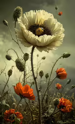 the flowers are blooming in the field, and it is hazy