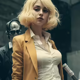 a woman with blonde hair wearing a suit