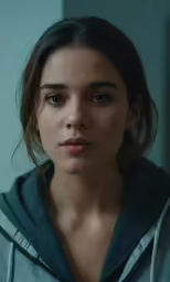 a woman with a hooded sweatshirt looking into the camera