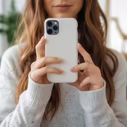 woman holding up her iphone case to show the camera lens