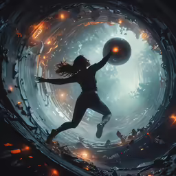 a woman is jumping up into a round hole