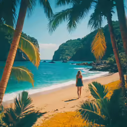 a woman walking across a sandy beach with palm trees