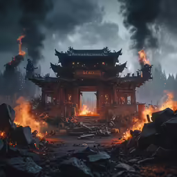 a person stands in front of a fire burning structure