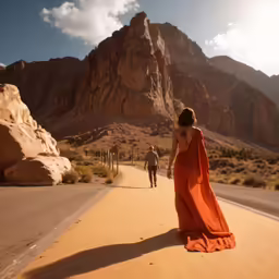 a woman in a long orange dress and a man walk on the side of the road