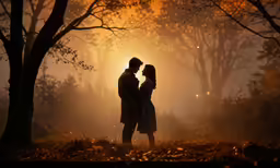 two people standing next to each other in front of trees