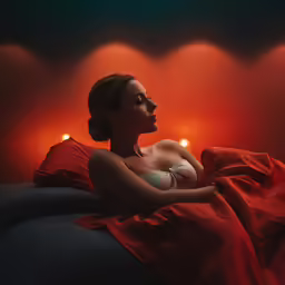 a woman in white bra with lights on the wall