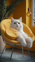 a fluffy white cat sits in a yellow chair
