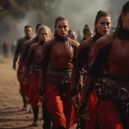 a group of women in red dresses walking across a dirt field