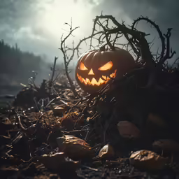 pumpkin carved as jack o lantern is illuminated by light coming from inside