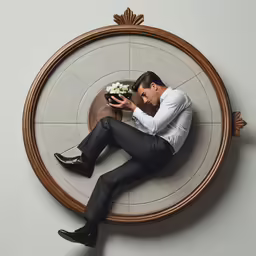 a man sitting in front of a circular mirror