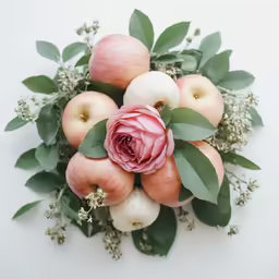 a bouquet of fruit, greenery and flowers on white