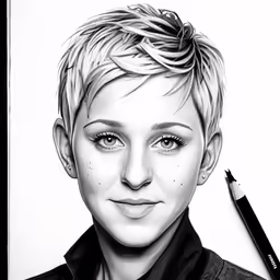 a black and white drawing of a blonde woman