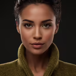 an asian woman wearing a green shirt is looking at the camera